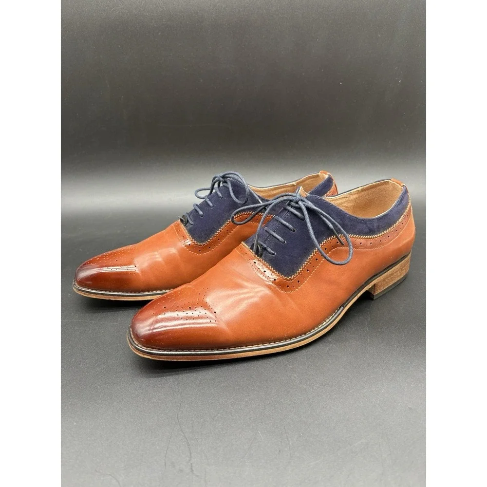 Gino Vitale Oxford Mens 11 Tan Navy Blue Excellent‎ Two Tone Brogue Dress Shoes